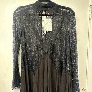 Free People Women's Tell Tale Floral Lace XS Boho Tunic Mini Dress NWT! Black